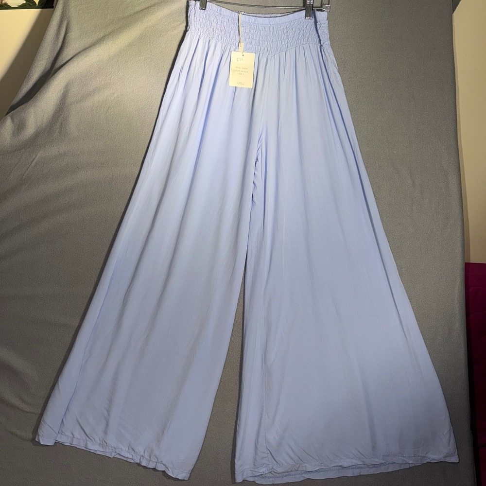 Milio-Milano Small Sky Blue Wide Leg Palazzo Pants High Waist Smocked Boho Chic